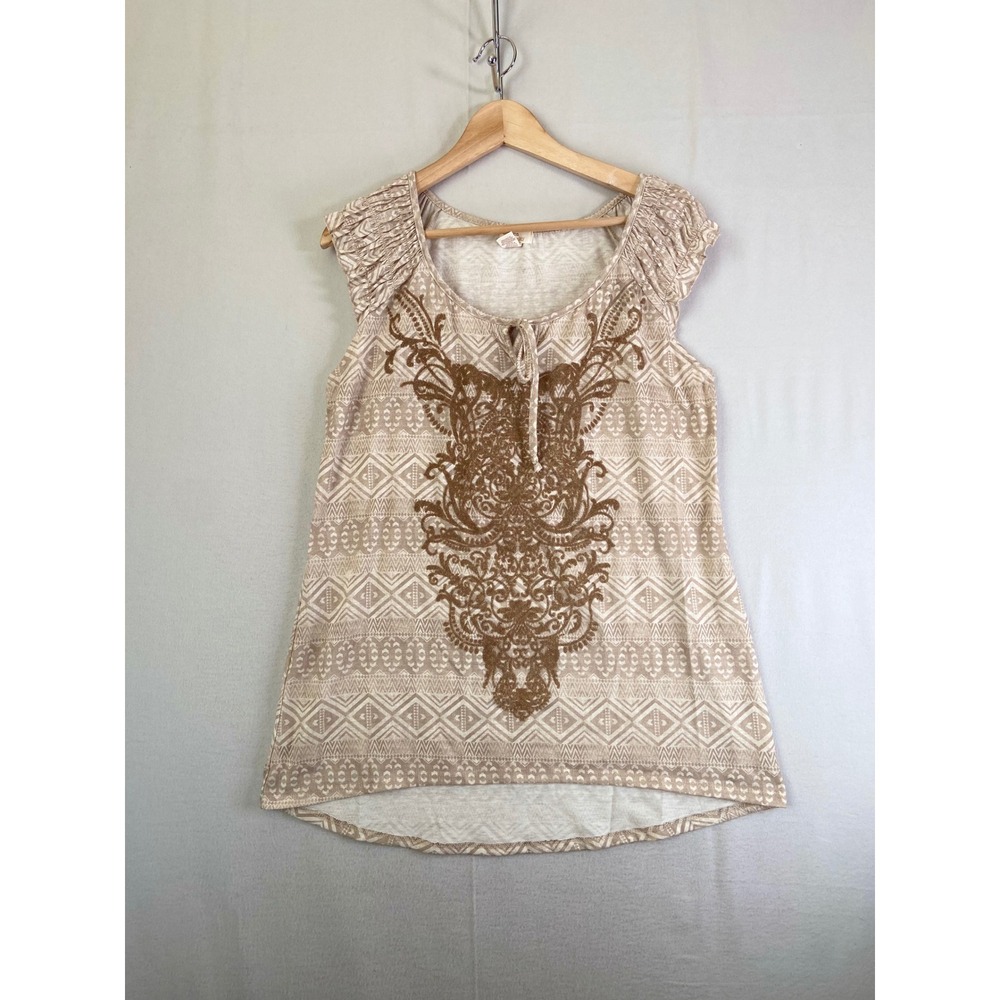 Madison & Berkeley Women Beige Beaded Geometric Damask Cap Sleeve Tunic Top L